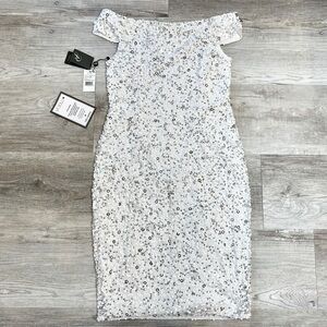 Adrianna Papell Off The Shoulder Beaded Sheath Dress Size 10 silver sequin NWT